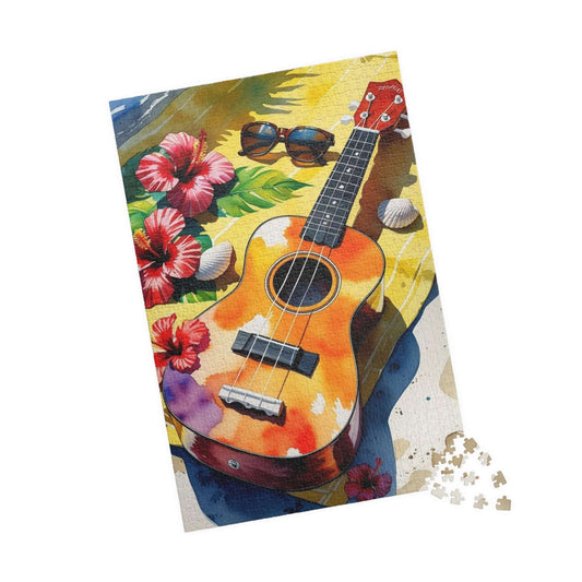 Tropical Beach Ukulele Puzzle with Hibiscus, Seashells, Sunglasses - Summer Gift for Music Lovers, Beach Fans and Relaxing Vacation Vibes
