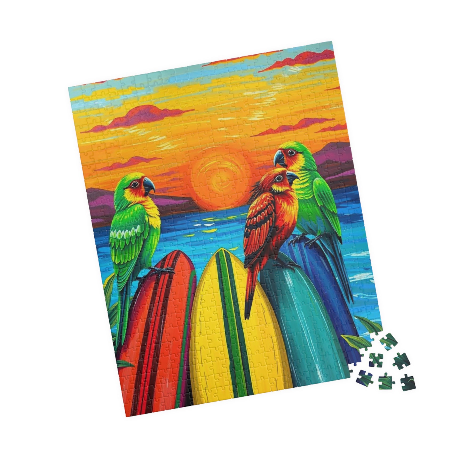 Colorful Surfing Parrots Puzzle, Vibrant Tropical Art Puzzle, Fun Family Activity, Best Gift for Nature Enthusiast, Bird Lover, Birdwatcher Puzzle The Puzzle Chest