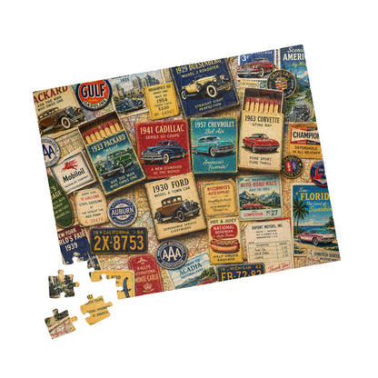 Vintage Car Matchbook Puzzle | Classic Automobile Memorabilia Jigsaw | Retro Road Trip Americana Motor Nostalgia 110 pcs (Horizontal) Puzzle The Puzzle Chest