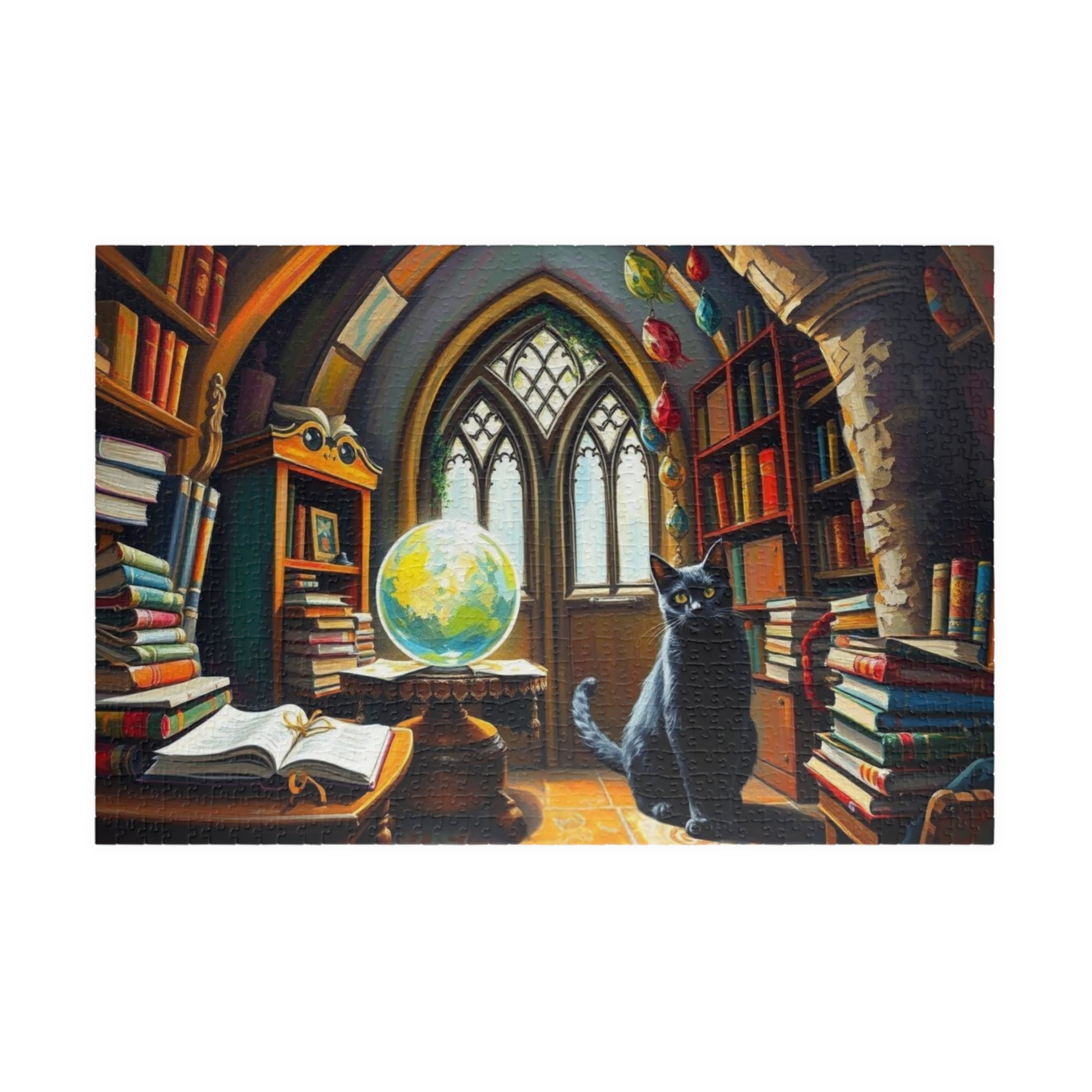 Cat Lover's Fantasy Puzzle, Cozy Gothic Library Scene, 110/252/520/1014-Piece Jigsaw, Gift for Cat Enthusiast, Home Décor, Fun Activity 1014 pcs (Horizontal) The Puzzle Chest