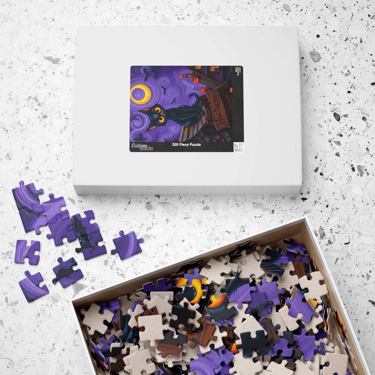 Crooked Rooftop Cat Jigsaw Puzzle, Halloween Black Cat 110, 252, 520, 1014-Piece, Spooky Moon Design, Game Night Activity, Family Fun