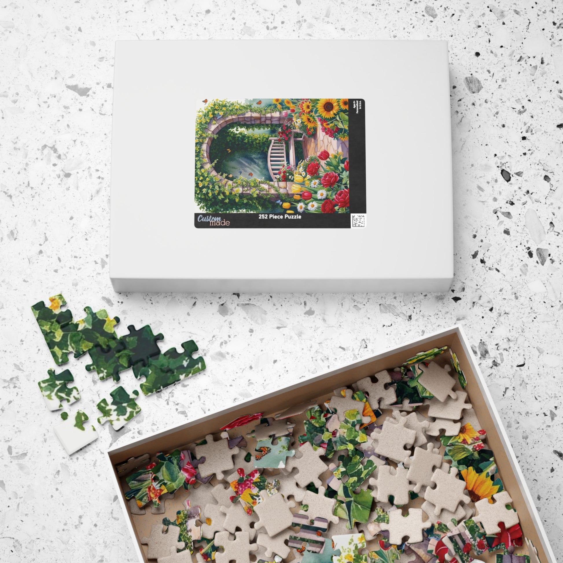 Jigsaw Puzzle, Flower Garden Mosaic Puzzle, Roses Tulips Daisies Sunflowers, Wooden Bench Ivy Butterflies, 110 252 520 1014 pieces, Gift for Puzzle The Puzzle Chest