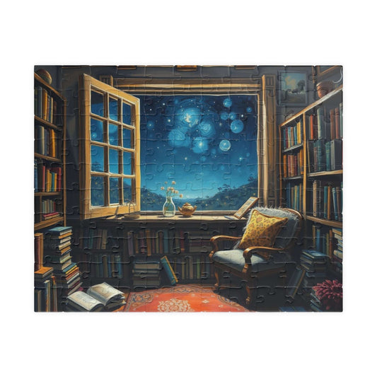 Cozy Library Jigsaw Puzzle - Starry Night Sky, Book Lover Gift, Educational Game, Mindfulness Activity, Literary Scene, Ideal for Family Fun 110 pcs (Horizontal) Puzzle The Puzzle Chest