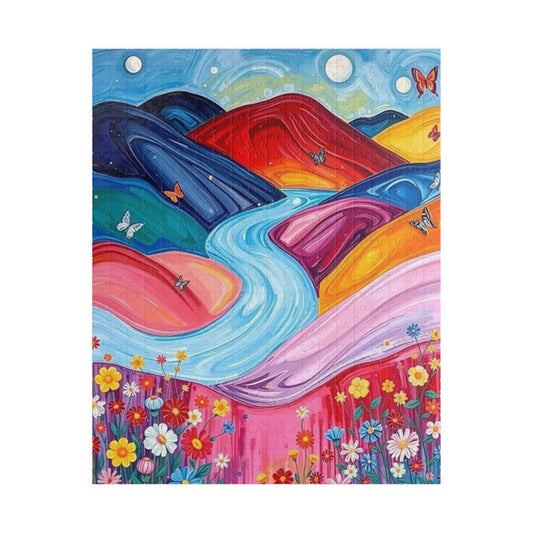 Pastel Petals - River Through Candy Hill Jigsaw Puzzle Colleciton, Beautiful Nature Puzzle, Colorful Landscape Art, Puzzle Lover Gift, Family Fun, 110/252/520/1014 520 pcs (Vertical) The Puzzle Chest