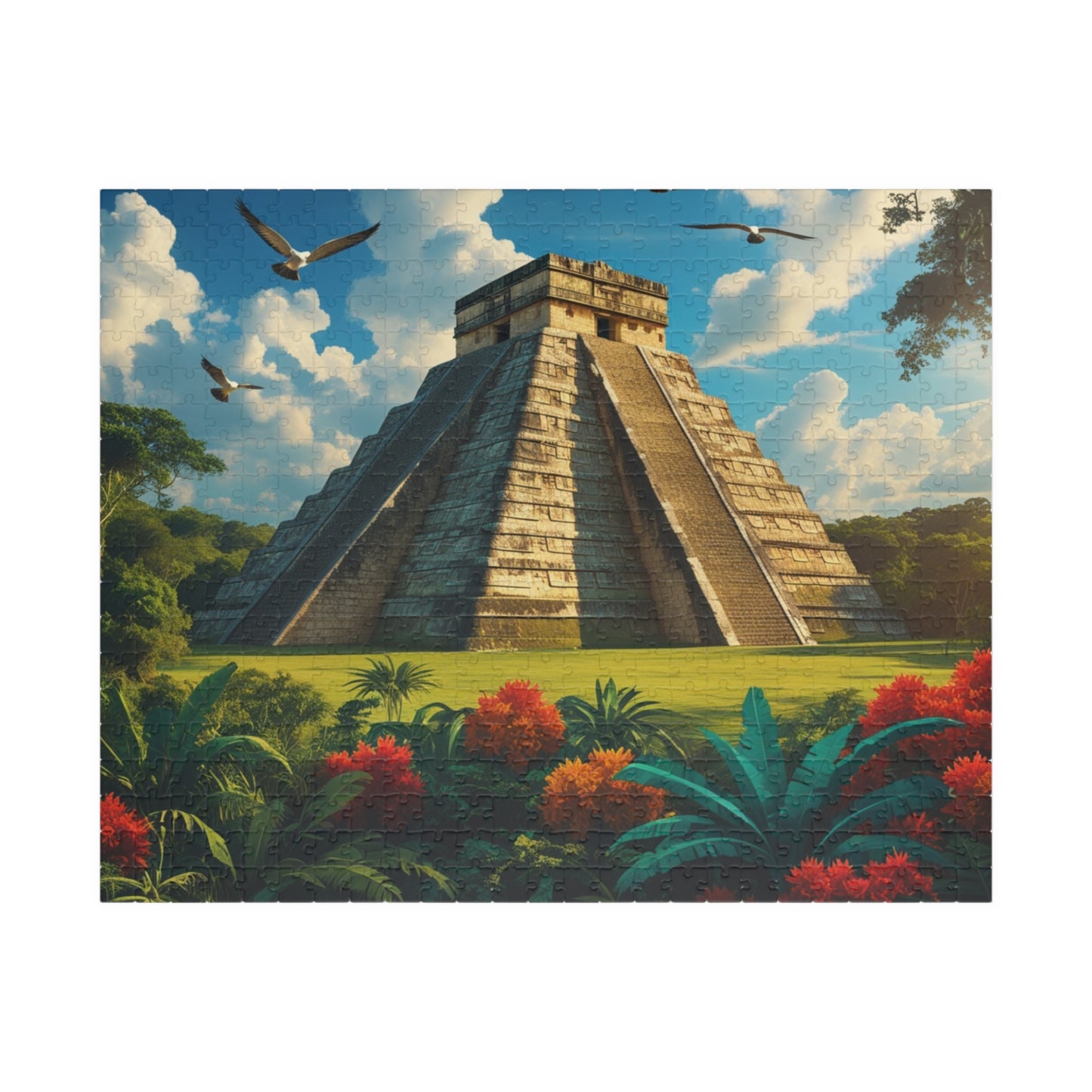 Chichen Itza Pyramid Jigsaw Puzzle with Tropical Jungle Scene, Historic Mayan Famous Landmark, Travel-Inspired Frameable Art Gift 520 pcs (Horizontal) Puzzle The Puzzle Chest