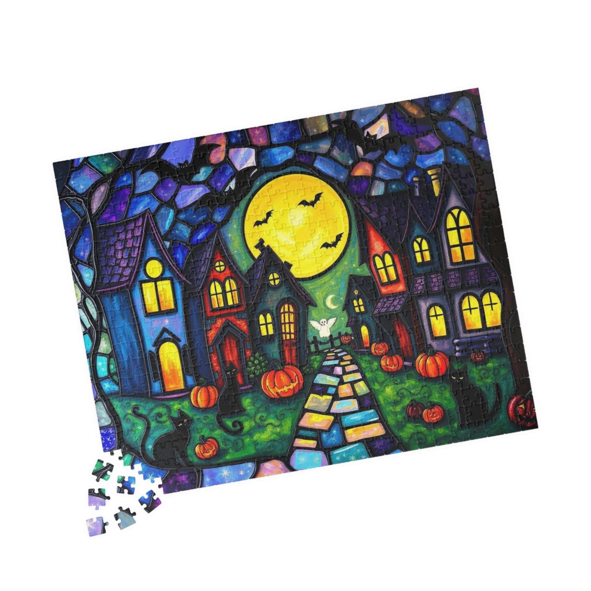 Halloween Puzzle for Adults - Spooky Village Black Cat Scene