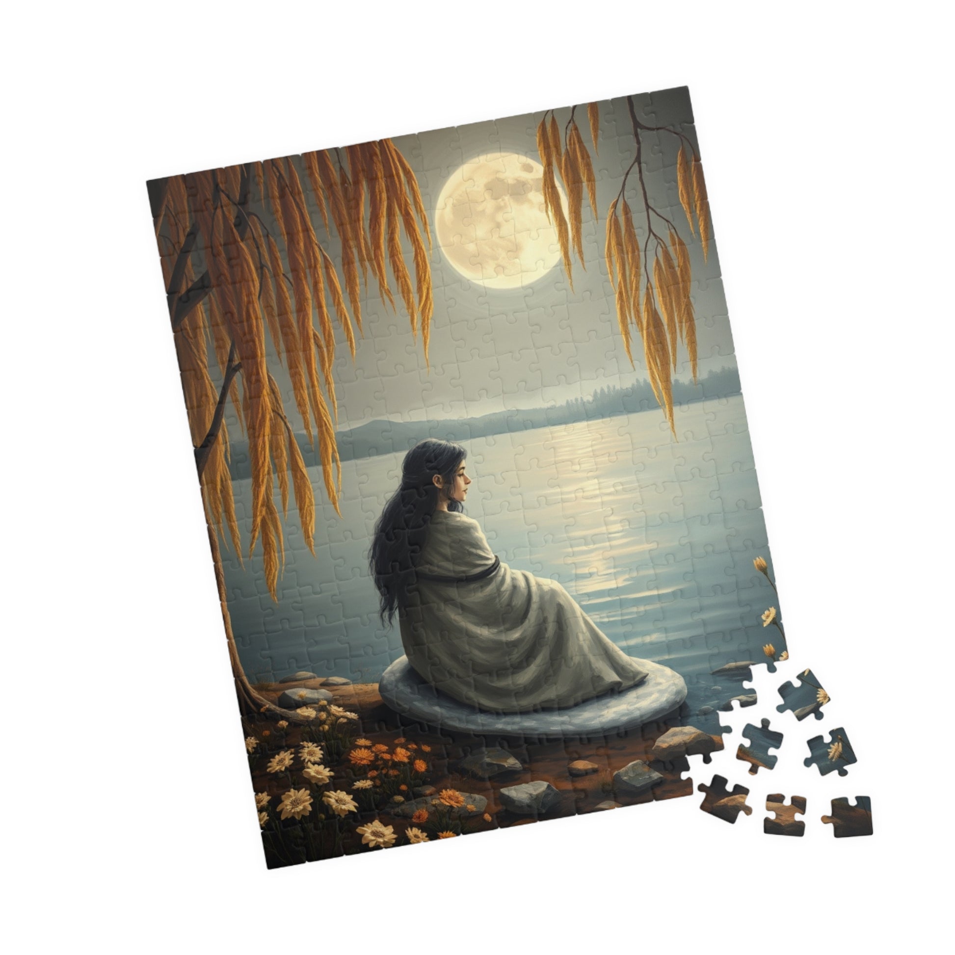 Mythical Jigsaw Puzzle, Moonlit Lake with Selkie, 110/252/520/1014-piece, Willow Trees, Flowers, Sealskin Cloak, Gift for Fantasy Lover Puzzle The Puzzle Chest