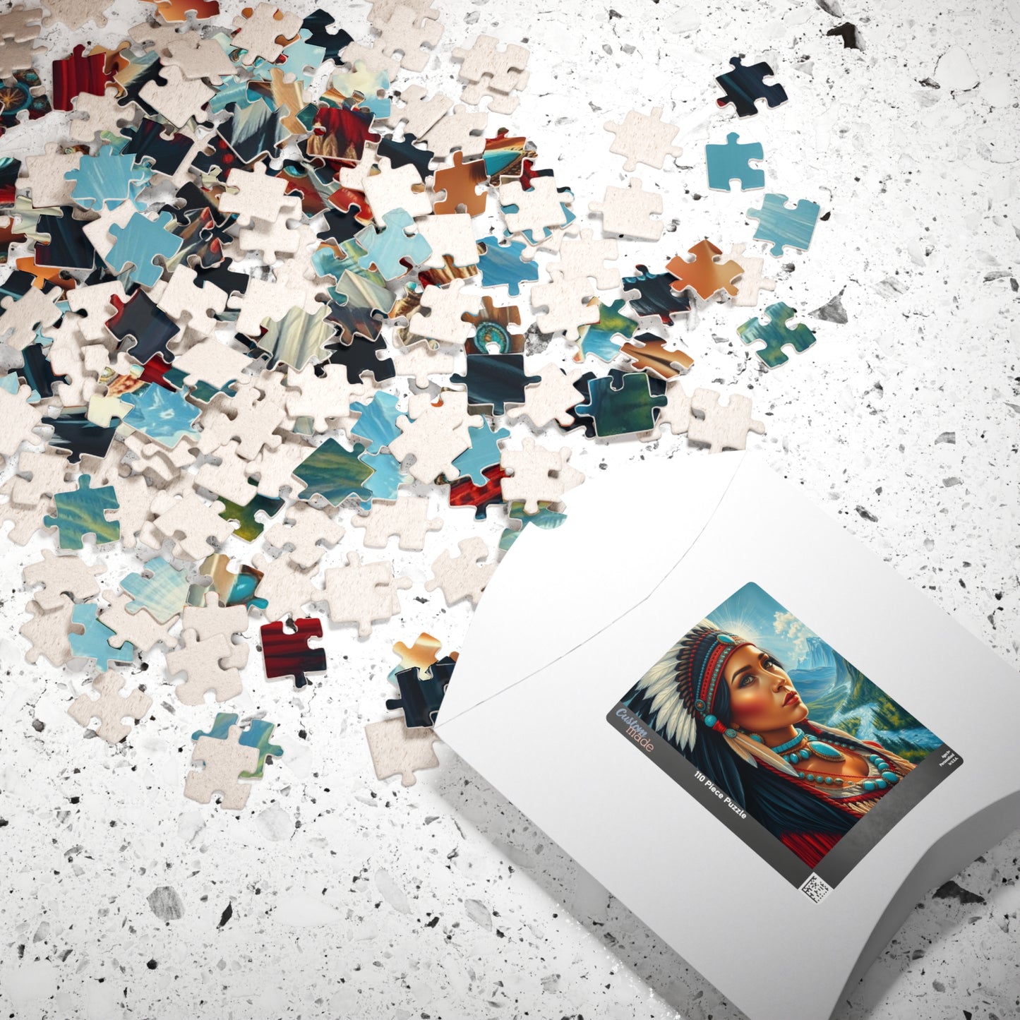 Puzzle, Indigenous Bride with Dark Eyes and Tan Skin, Buckskin Dress, Turquoise Necklace, Feather Headdress Natural Landscape, Mountains, Puzzle The Puzzle Chest