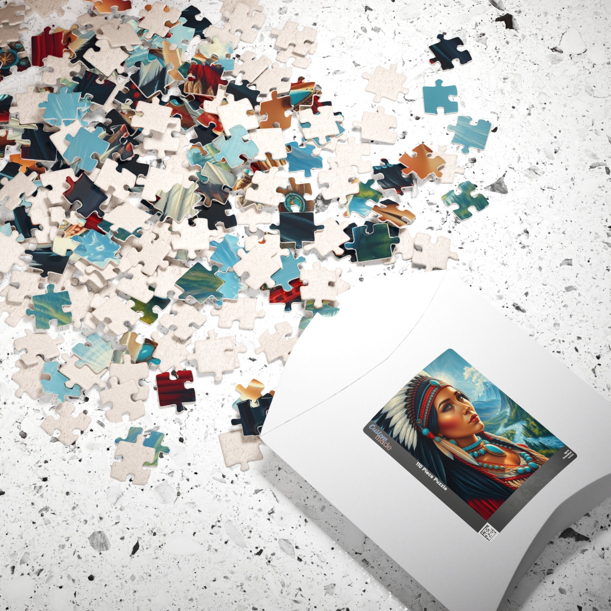 Puzzle, Indigenous Bride with Dark Eyes and Tan Skin, Buckskin Dress, Turquoise Necklace, Feather Headdress Natural Landscape, Mountains, Puzzle The Puzzle Chest
