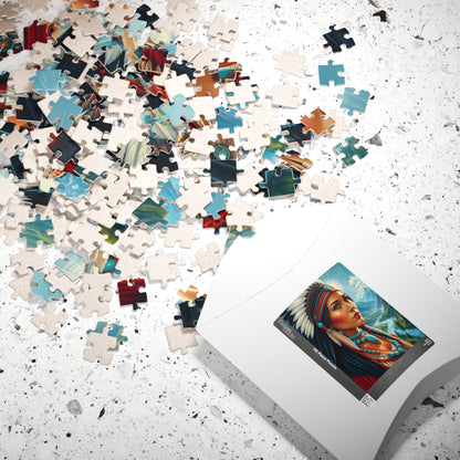 Puzzle, Indigenous Bride with Dark Eyes and Tan Skin, Buckskin Dress, Turquoise Necklace, Feather Headdress Natural Landscape, Mountains, Puzzle The Puzzle Chest