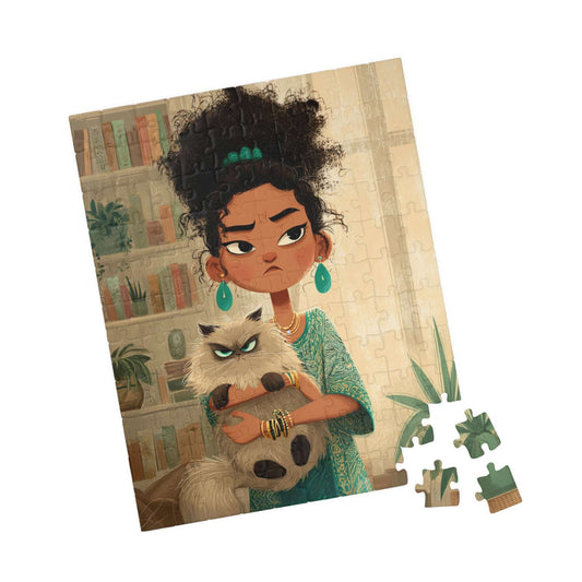 Funny Cat Cartoon Puzzle for Adults - Woman Holding Grumpy Kitten, Watercolor Illustration 110 pcs (Vertical) Puzzle The Puzzle Chest