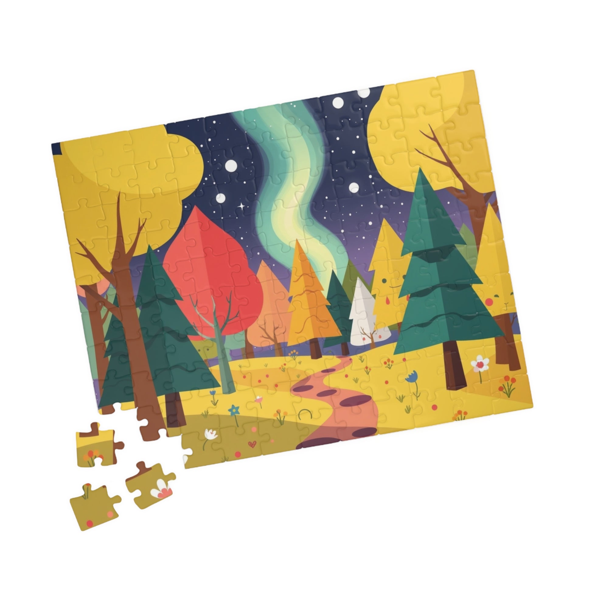 Magical Forest Landscape Jigsaw Puzzle - Abstract Geometric Trees in Bold Bright Colors Puzzle The Puzzle Chest