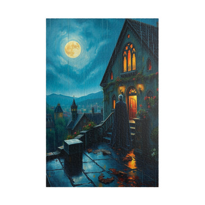 Gothic Vampire Puzzle, Rainy Night Manor Overlooking a Moonlit Village, Dark Fantasy Jigsaw Game, Gift for Lovers of Supernatural Lore 1014 pcs (Vertical) Puzzle The Puzzle Chest