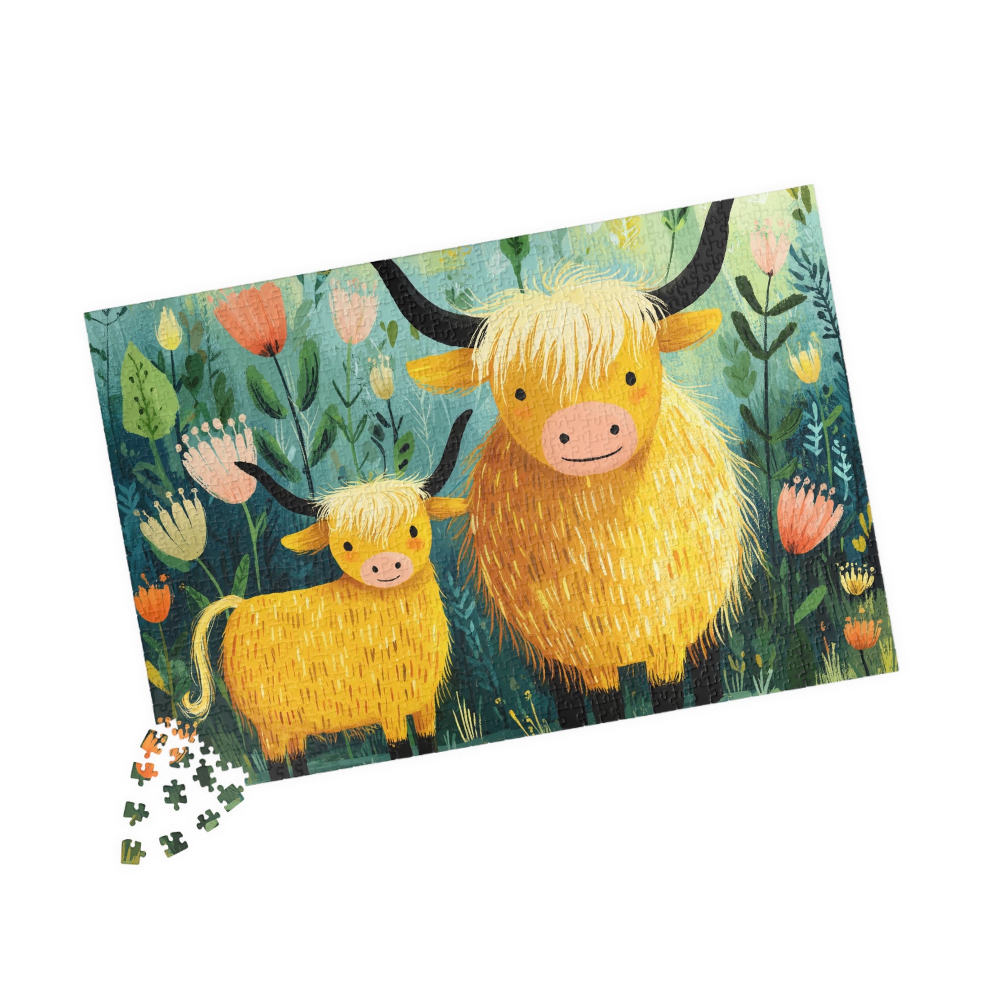 Highland Cow Family Puzzle 110/252/520/1014 Piece | Cute Mother and Calf Floral Jigsaw 1014 pcs (Horizontal) Puzzle The Puzzle Chest