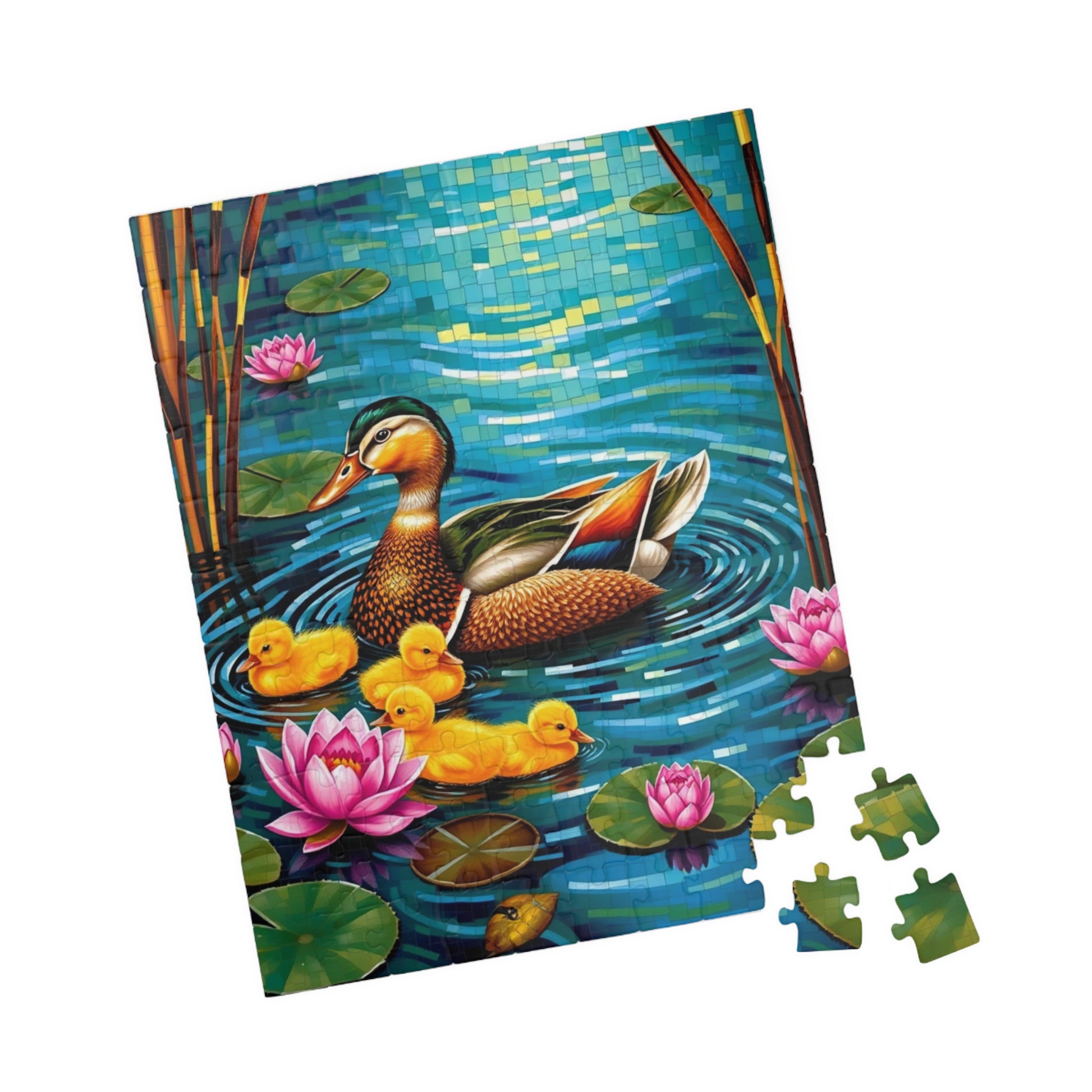 Waterfowl Mosaic Puzzle, Beautiful Mother Duck and Ducklings, Duck Family on a Lotus Pond Nature-Themed Jigsaw Game, Animal Bird Lover Gift Puzzle The Puzzle Chest