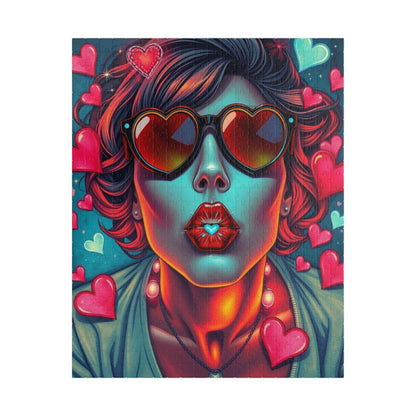 Hearts and Kisses Jigsaw Puzzle, Woman Blowing a Kiss, Comic Pop Art Nostalgic Game for Fun Gathering, Gift for Puzzle Lover, Family Night