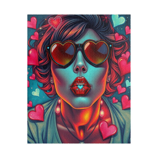 Hearts and Kisses Jigsaw Puzzle, Woman Blowing a Kiss, Comic Pop Art Nostalgic Game for Fun Gathering, Gift for Puzzle Lover, Family Night