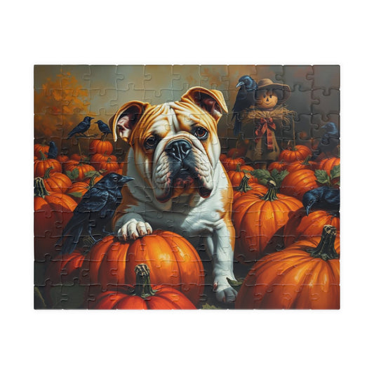 Autumn Pumpkin Dog Puzzle, Fall Bulldog Jigsaw Game for Dog Lover Gift, Family Game Night, Halloween Fun, Thanksgiving Activity Brain Teaser 110 pcs (Horizontal) Puzzle The Puzzle Chest