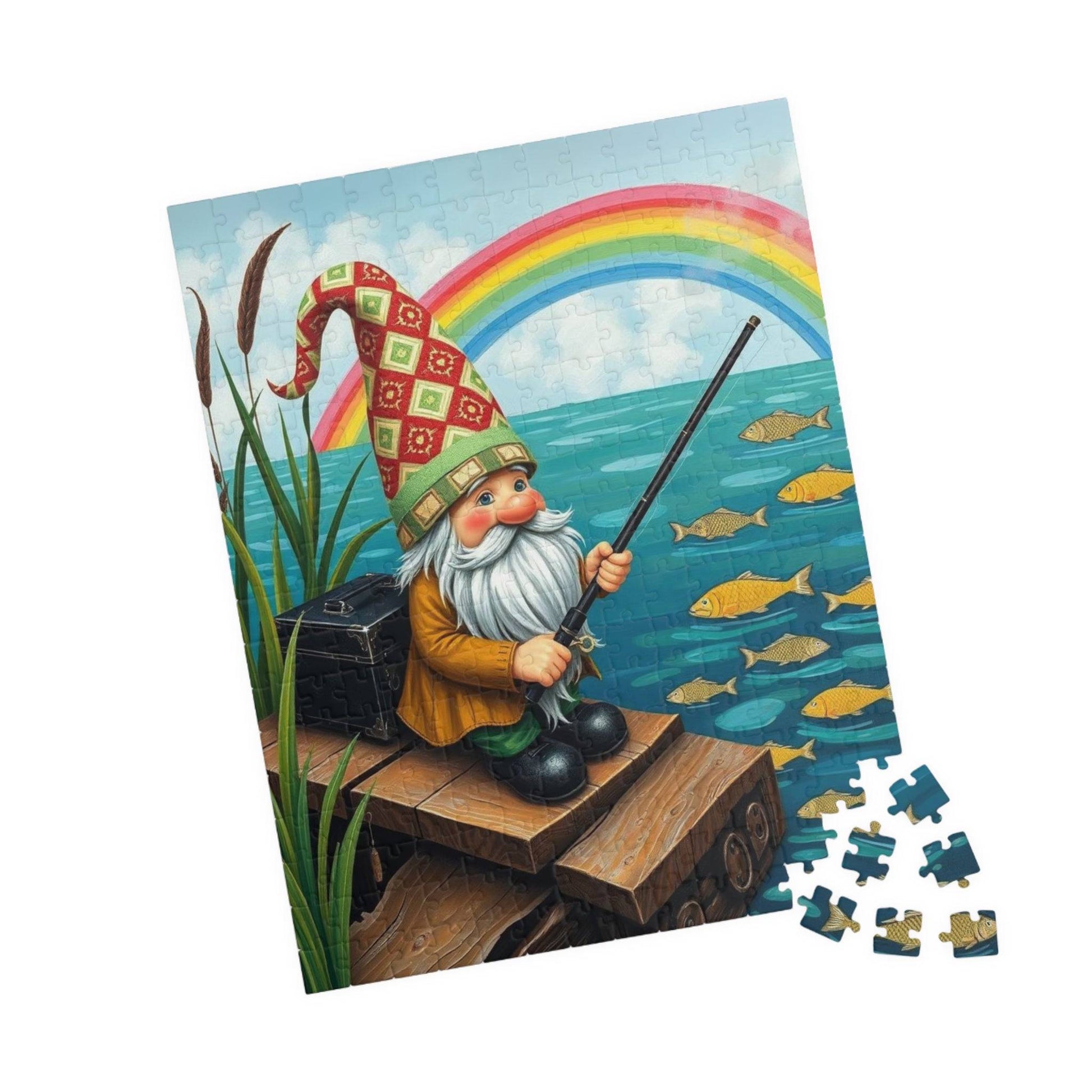 Gnome Fishing by Lake – Whimsical Folk Art Lakeside Jigsaw Puzzle 252 pcs (Vertical) Puzzle The Puzzle Chest