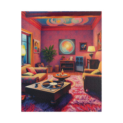 1970s Throwback Living Room Jigsaw Puzzle, Nostalgic Design: Turntable Lava Lamp Shag Rug Groovy Wallpaper, Quiet Pastime, Puzzle Lover Gift