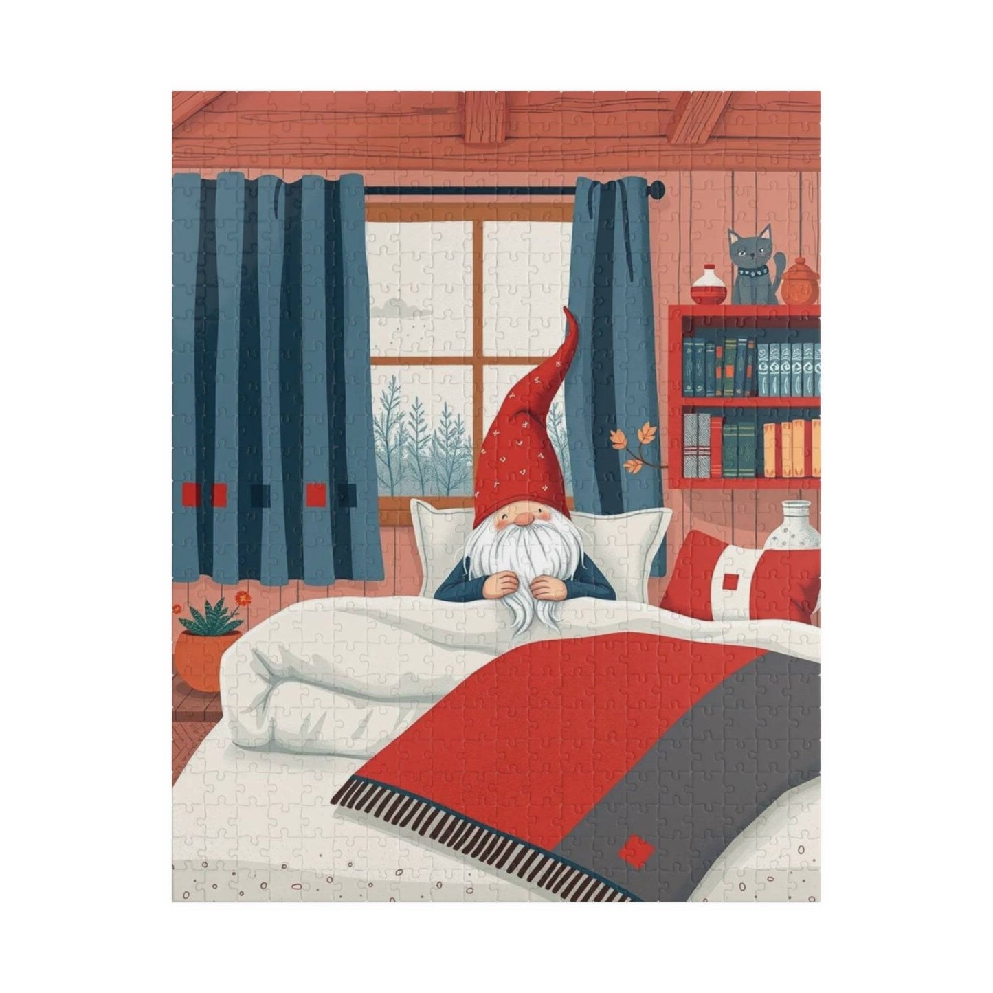 Scandinavian Folk Style Sleeping Gnome Jigsaw Puzzle - Nordic Dwarf Bedtime Scene Puzzle The Puzzle Chest