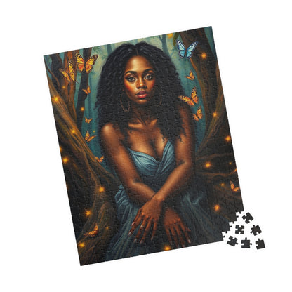 Afrocentric Jigsaw Puzzle - Black Woman in Mystical Forest, Fireflies and Butterflies Design, Relaxing Indoor Family or Solo Activity, Gift