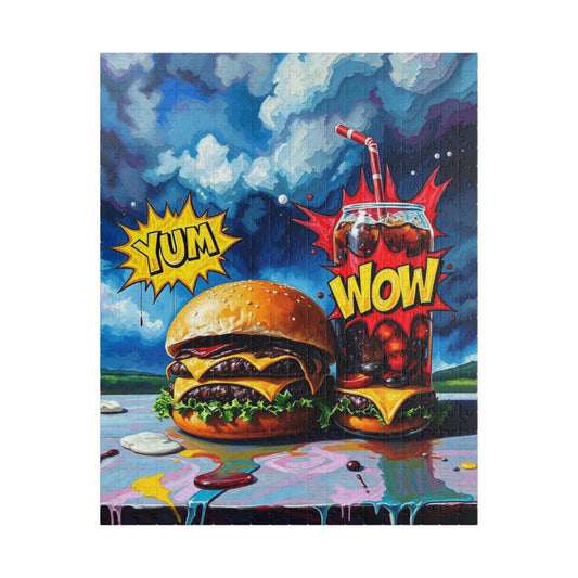 Colorful Foodie Puzzle - Yum Wow Burger and Drink Pop Art Jigsaw Puzzle for Adults, Fun Gift for Food Lovers, Game Night, Family Activity 520 pcs (Vertical) Puzzle The Puzzle Chest