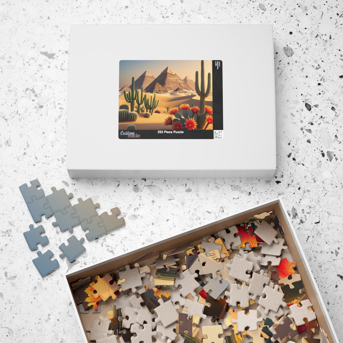 Pyramids of Giza Jigsaw Puzzle, Desert Landscape Cacti Prickly Pears Red Flowers, 110 252 520 1014-piece, Fun Egyptian Travel Hobby, Ancient Puzzle The Puzzle Chest