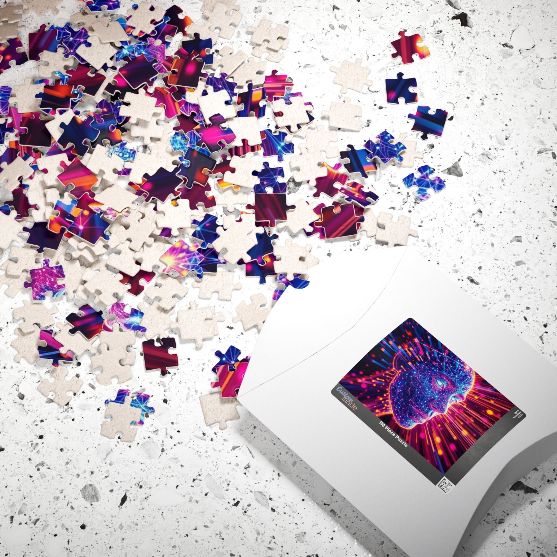 Abstract Human Face Jigsaw Puzzle, Colorful Glowing Electric Lines and Dots Design, Unique Gift for Bold Modern Art Lover Collector Hobbyist Puzzle The Puzzle Chest