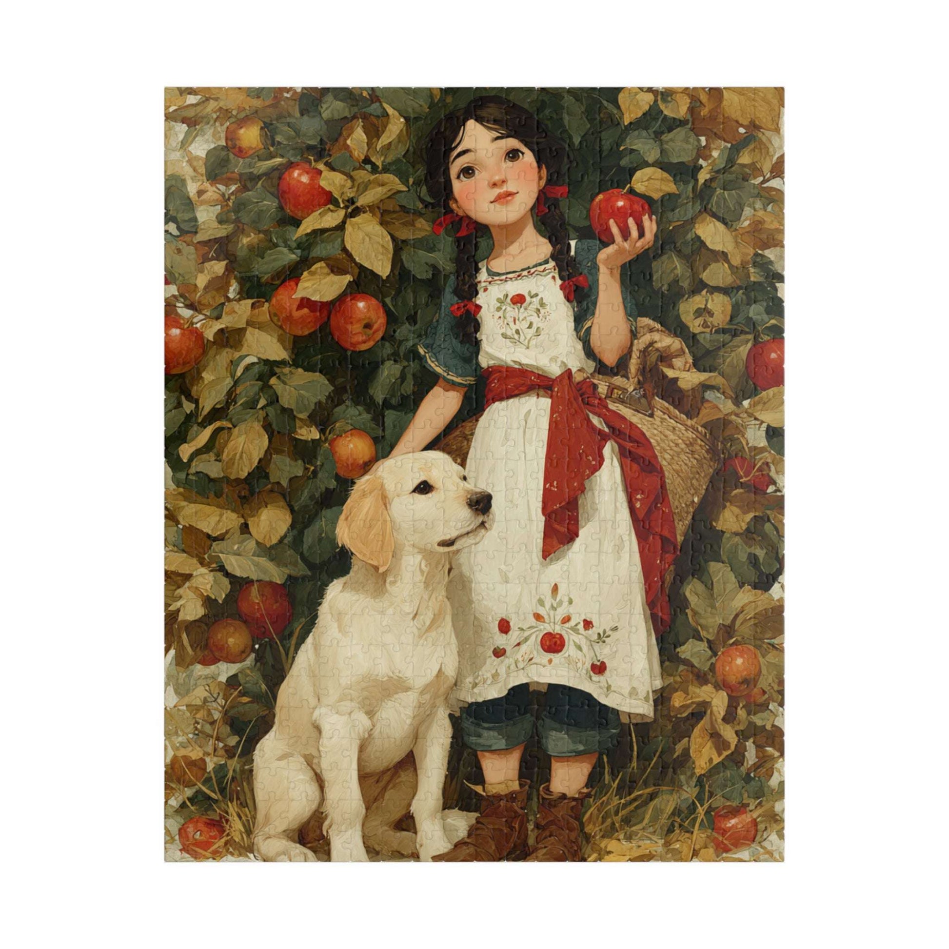 Autumn Orchard Jigsaw Puzzle - Brunette Girl and Dog, Apple Picking Game for Family Night or Solo Fun, Gift, Brain Teaser Puzzle The Puzzle Chest