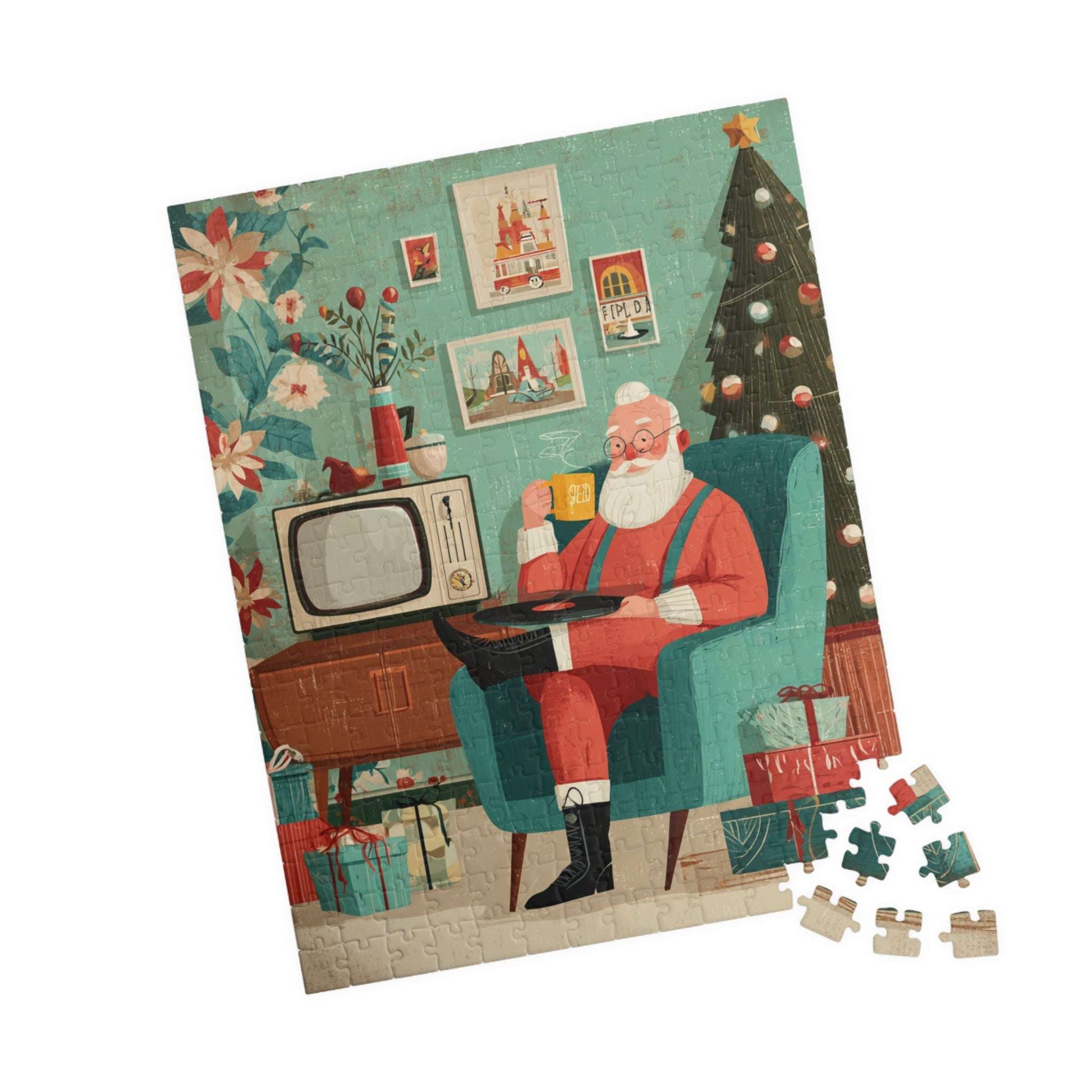 Christmas Puzzle - Santa's Cozy Livingroom Jigsaw, Retro Cartoon Illustration 252 pcs (Vertical) Puzzle The Puzzle Chest