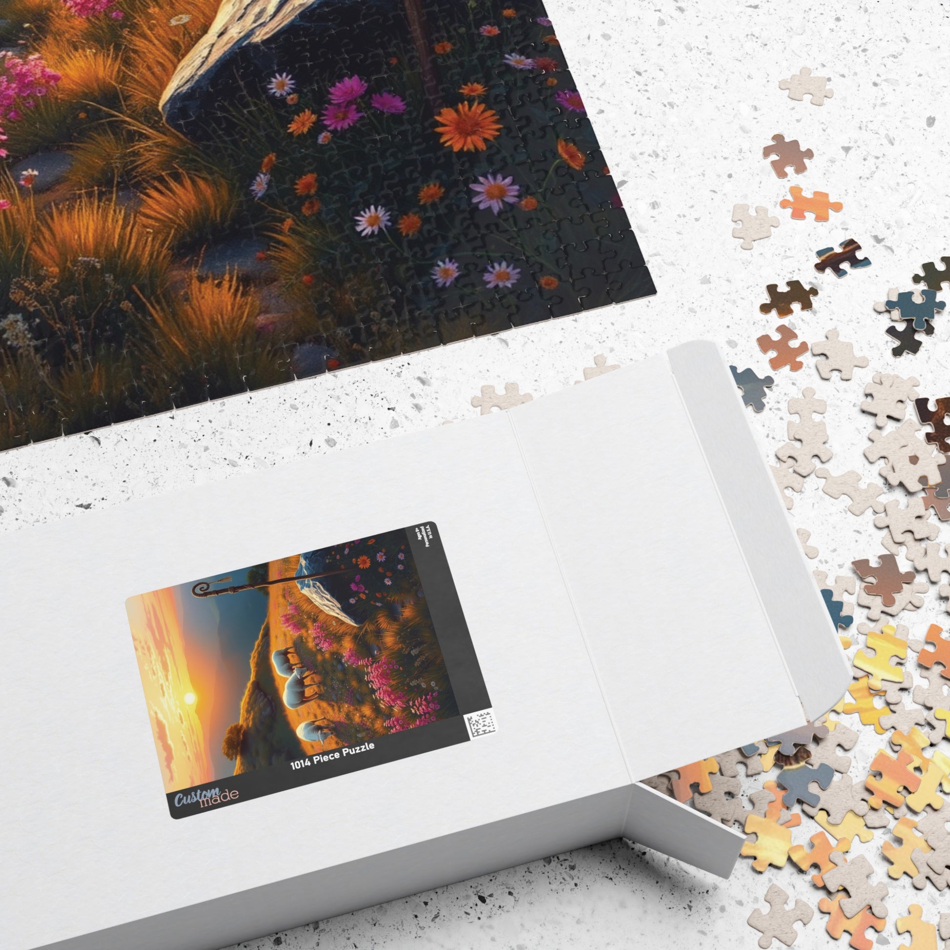 Peaceful Pastoral Sunset Puzzle, Religious Themed Jigsaw Game, Nature-Inspired Serene Landscape with Sheep Grazing on a Wildflower Hill Puzzle The Puzzle Chest