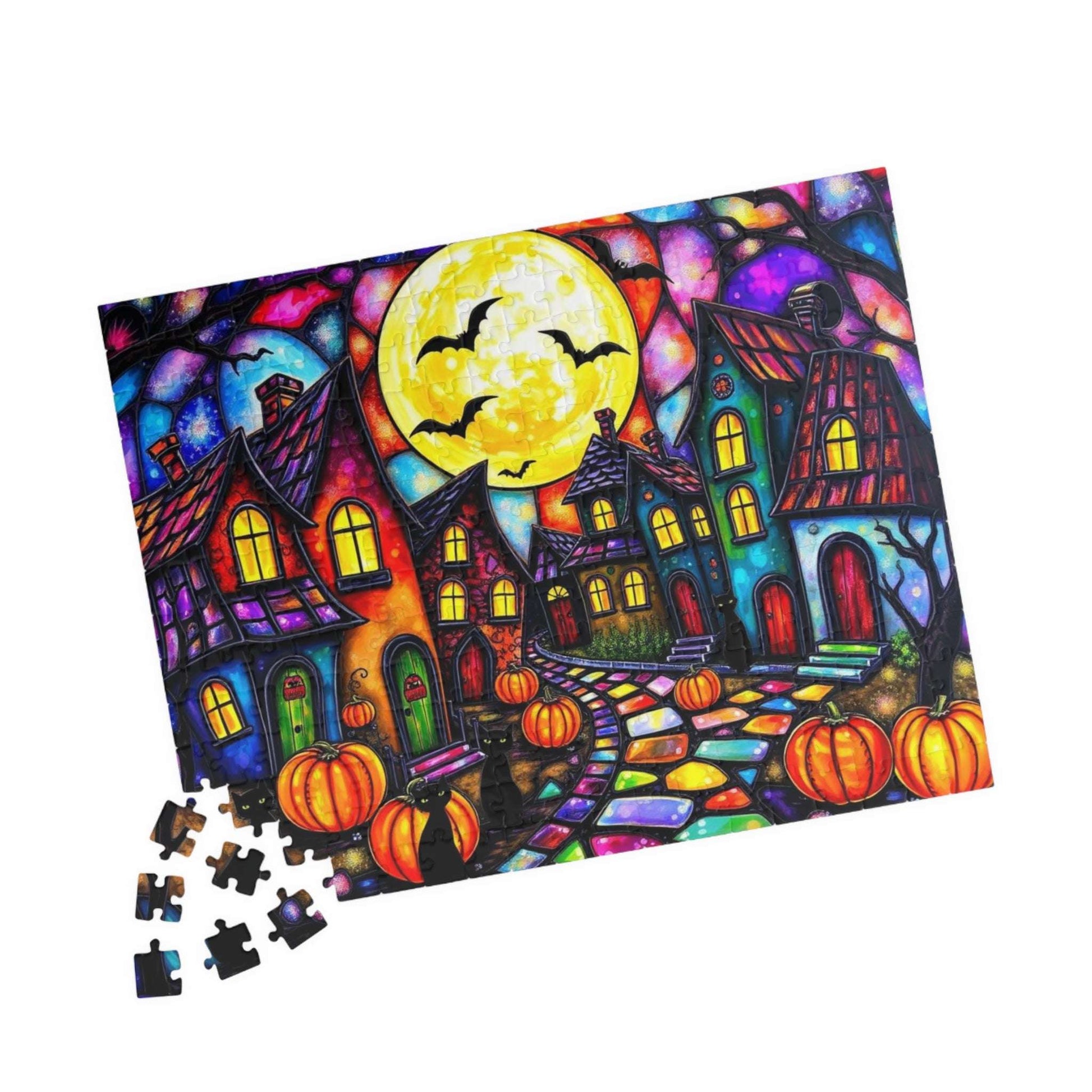 Spooky Night Village Jigsaw Puzzle, Halloween Themed Black Cat Puzzle Stained Glass Style