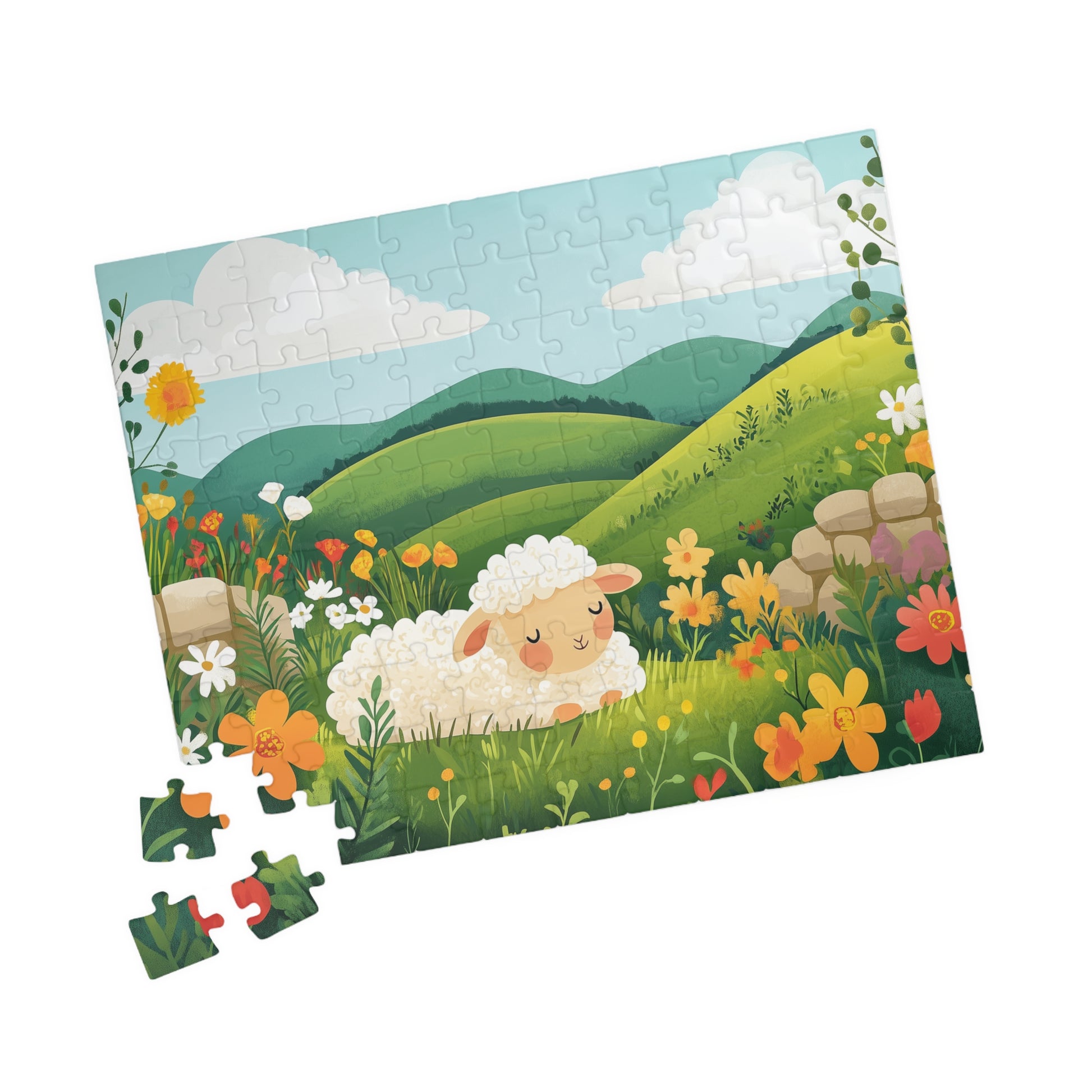 Sleeping Lamb Meadow Puzzle | Cute Sheep Jigsaw Puzzle, Spring Floral Scene 110 pcs (Horizontal) Puzzle The Puzzle Chest