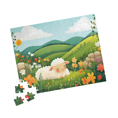 Sleeping Lamb Meadow Puzzle | Cute Sheep Jigsaw Puzzle, Spring Floral Scene 110 pcs (Horizontal) Puzzle The Puzzle Chest
