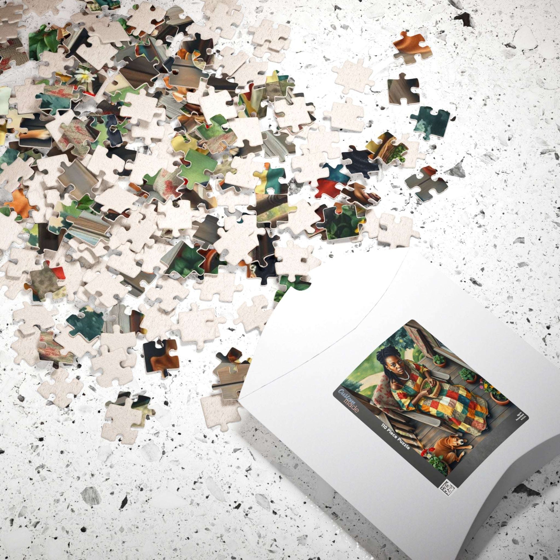 The Homemaker Jigsaw Puzzle – Black Woman Shelling Peas with Dog, Afrocentric Art, African American Artwork Puzzle The Puzzle Chest
