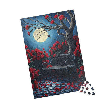 Moonlit Gothic Garden Puzzle, Dark Romantic Fantasy Jigsaw Game, Cobblestone Path Iron Bench and Roses, Relaxing Challenge for Puzzle Lover Puzzle The Puzzle Chest