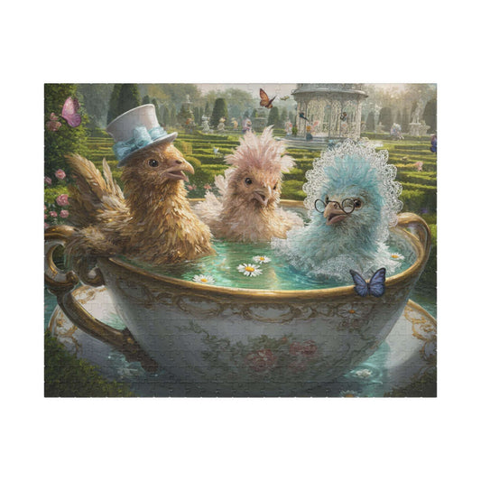 Whimsical Garden Tea Chicken Puzzle – Three Fancy Chickens in Giant Teacup Bath with Flowers, Fairy-Tale Farm Animal Jigsaw Puzzle The Puzzle Chest