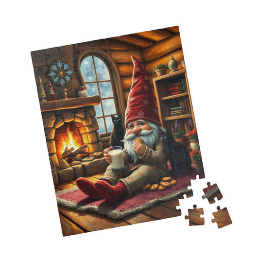 Cozy Gnome in Pajamas with Cats – Cottage Hearth Milk and Cookies Bedtime Jigsaw Puzzle 110 pcs (Vertical) Puzzle The Puzzle Chest
