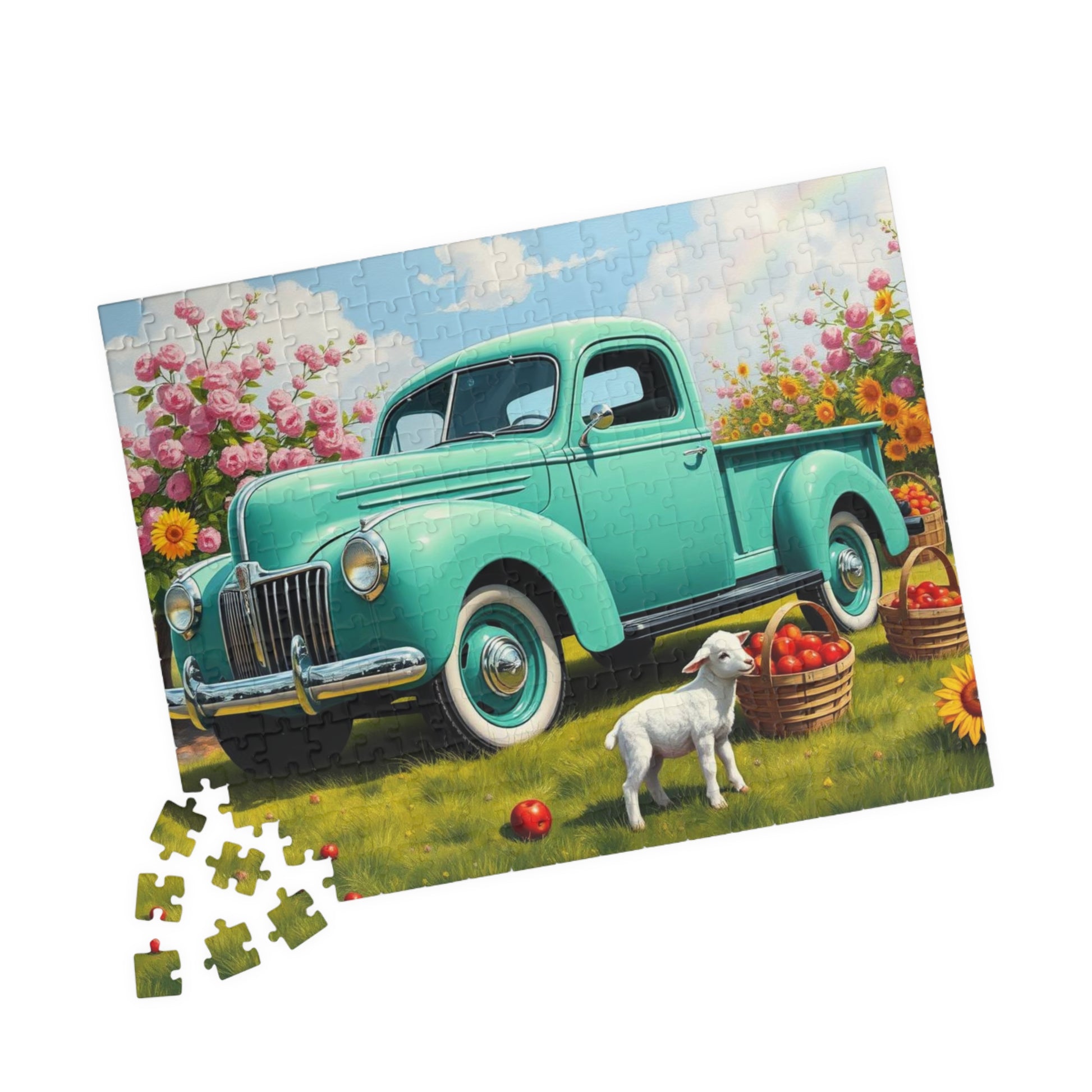 Vintage Teal Pickup Truck Puzzle — Spring Lamb & Flower Farm Jigsaw (110–1014 pcs) 252 pcs (Horizontal) Puzzle The Puzzle Chest