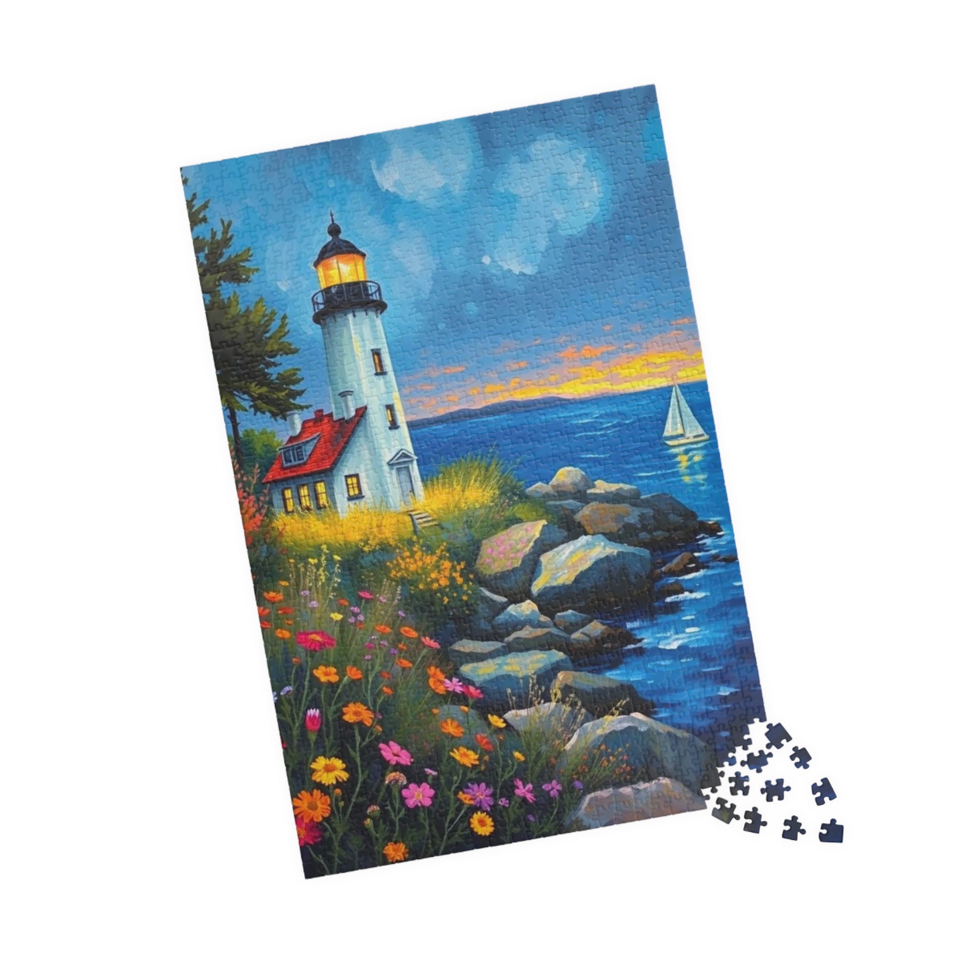 Seabreeze Beacon Jigsaw Puzzle - Coastal Lighthouse, Wildflowers and Sailboats, Family Activity Brain Teaser, Gift for Puzzle Lovers Puzzle The Puzzle Chest