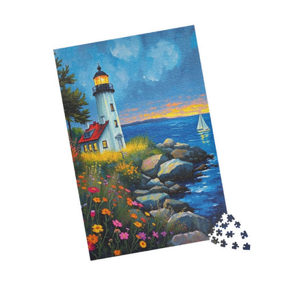 Seabreeze Beacon Jigsaw Puzzle - Coastal Lighthouse, Wildflowers and Sailboats, Family Activity Brain Teaser, Gift for Puzzle Lovers Puzzle The Puzzle Chest