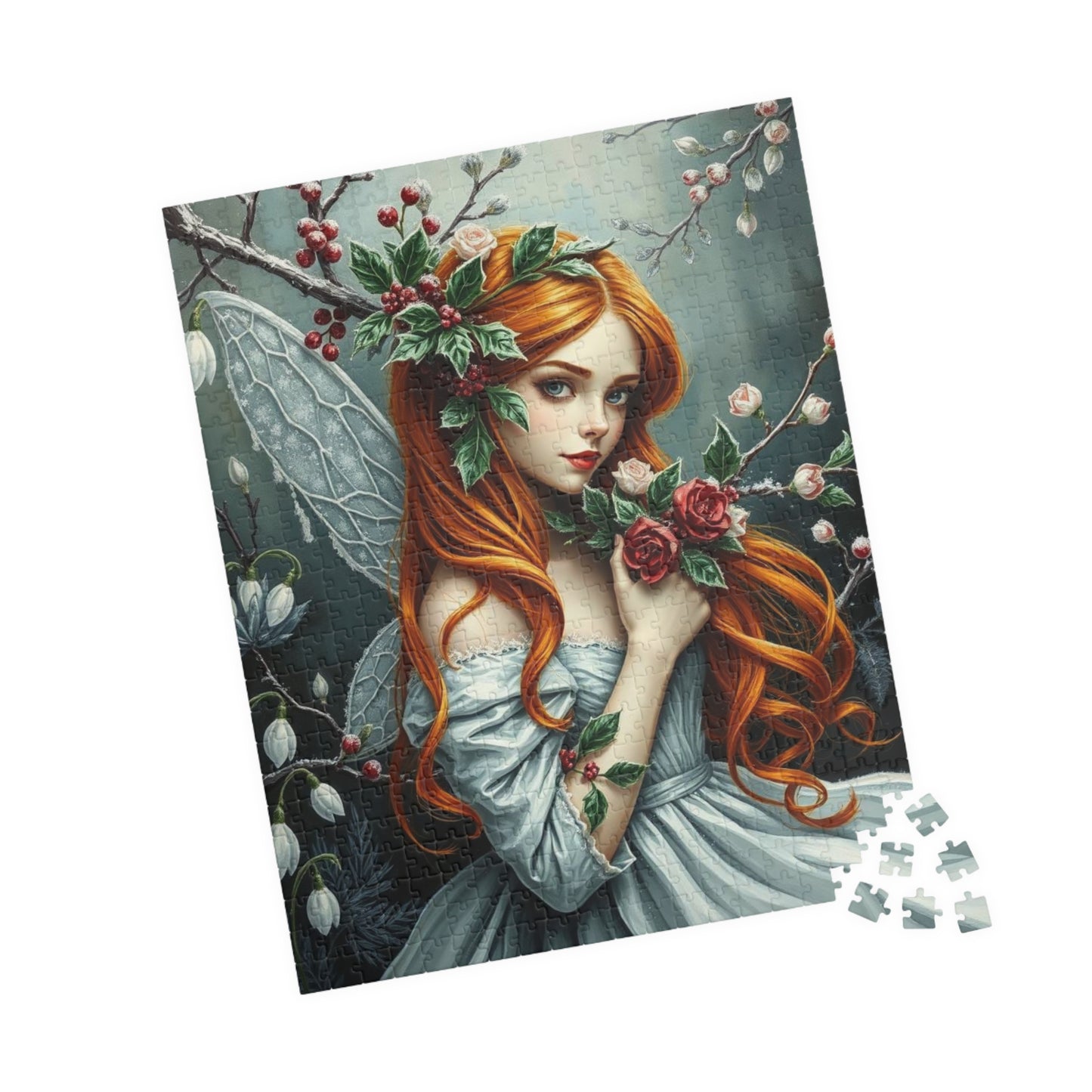 Winter Fairy-Themed Puzzle - Copper Hair, Silvery Gown and Icy Floral Art, 110-1014 Piece Gift for Puzzle Lover, Perfect for Holidays