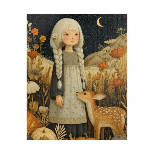 Starlit Meadow Jigsaw Puzzle – Whimsical Autumn Puzzle for Adults, Girl with Fawn Under Starry Sky Puzzle The Puzzle Chest