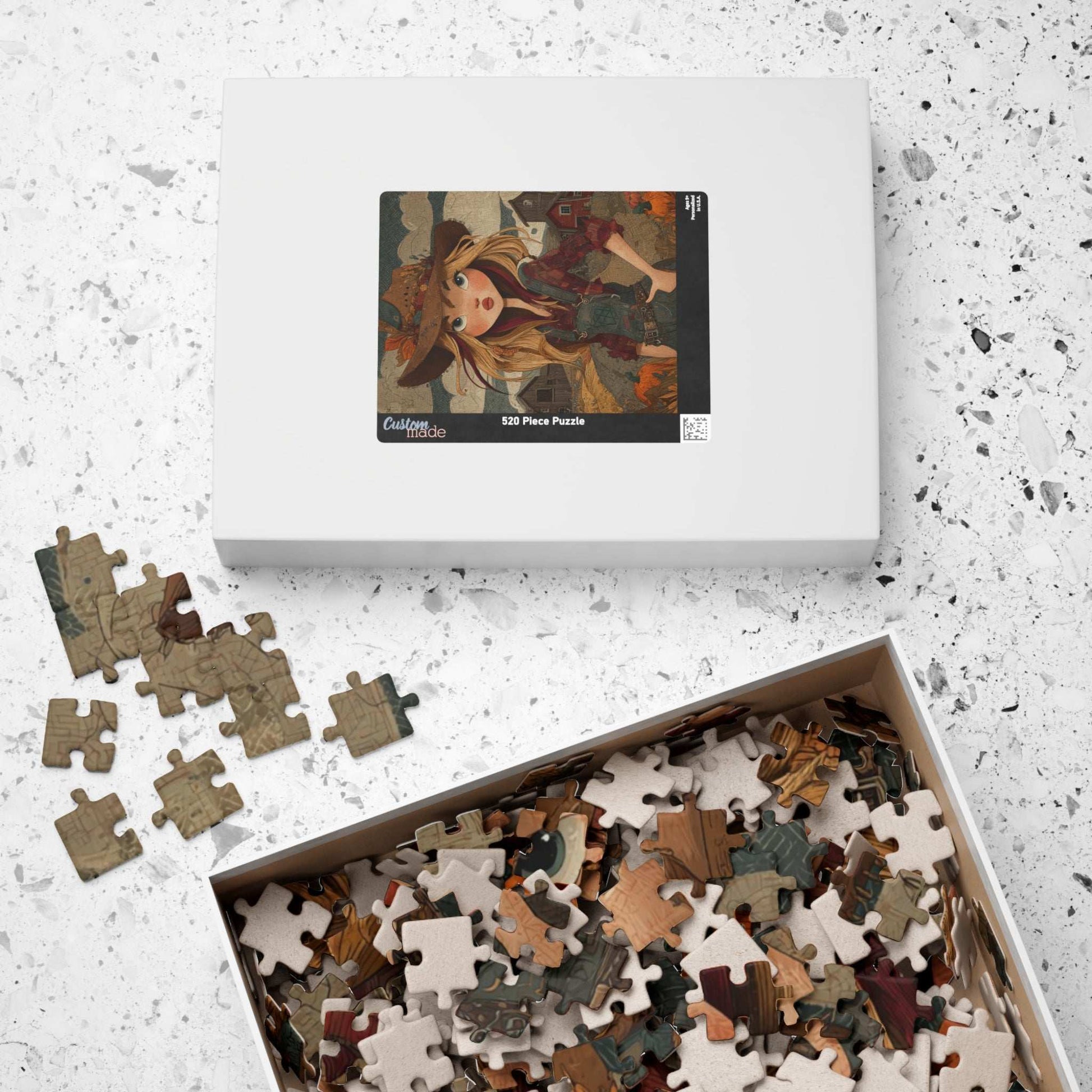 1990s Autumn Cowgirl Jigsaw Puzzle - Grunge Patchwork, Retro Cartoon-Style Illustration Farm Scene Puzzle The Puzzle Chest