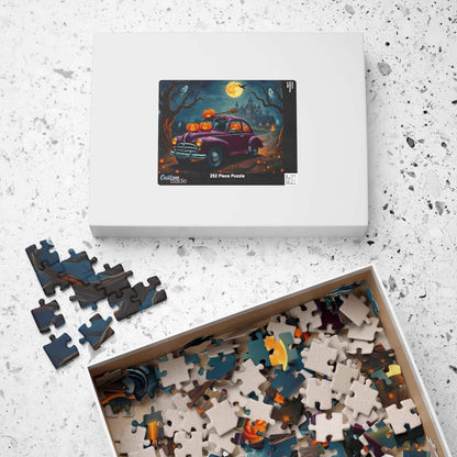 Halloween-Themed Vintage Car Jigsaw Puzzle with Cats, Ghosts and Pumpkins
