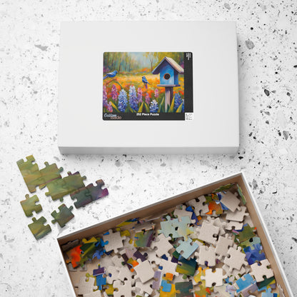 Jigsaw Puzzle, Charming Wooden Birdhouse Surrounded by Blooming Hyacinths and Birds, Mindfulness Activity, Indoor Entertainment, Family Puzzle The Puzzle Chest