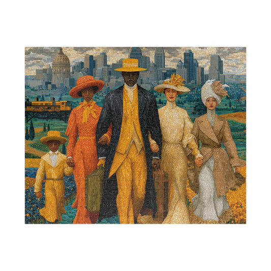 Afrocentric Jigsaw Puzzle - African American Migration Scene with Families, Fields & Urban Background Puzzle The Puzzle Chest