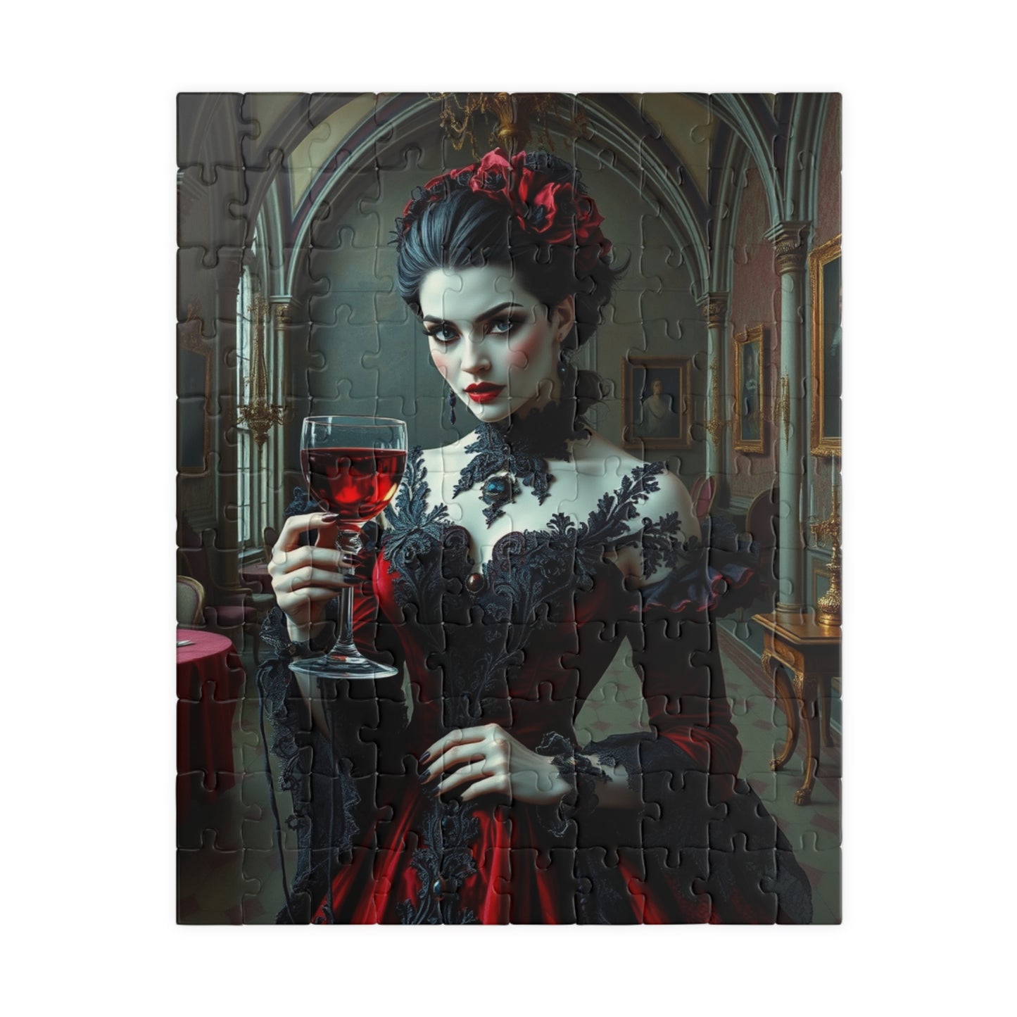 Gothic Vampire Countess Jigsaw Puzzle, Victorian Lady in a Candlelit Castle Ballroom, Dark Fantasy Haunted Mansion Theme, Horror Lover Gift 110 pcs (Vertical) Puzzle The Puzzle Chest