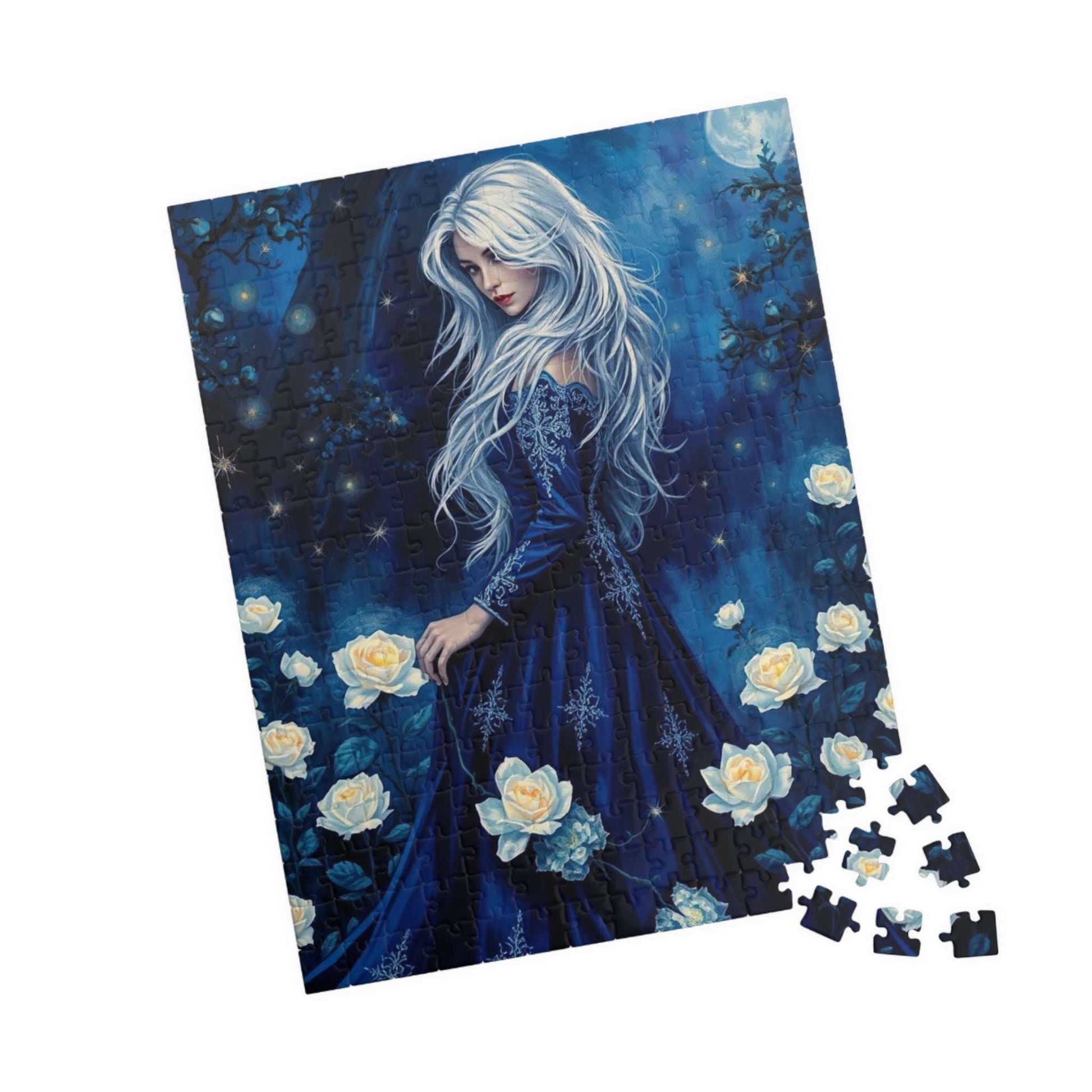 Lady of the Midnight Garden - Moonlit White Rose Jigsaw Puzzle